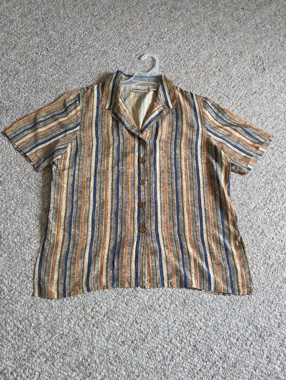 Worthington Striped Short-Sleeve Button-Down Lightweight Blous— Blue, Tan, Brown